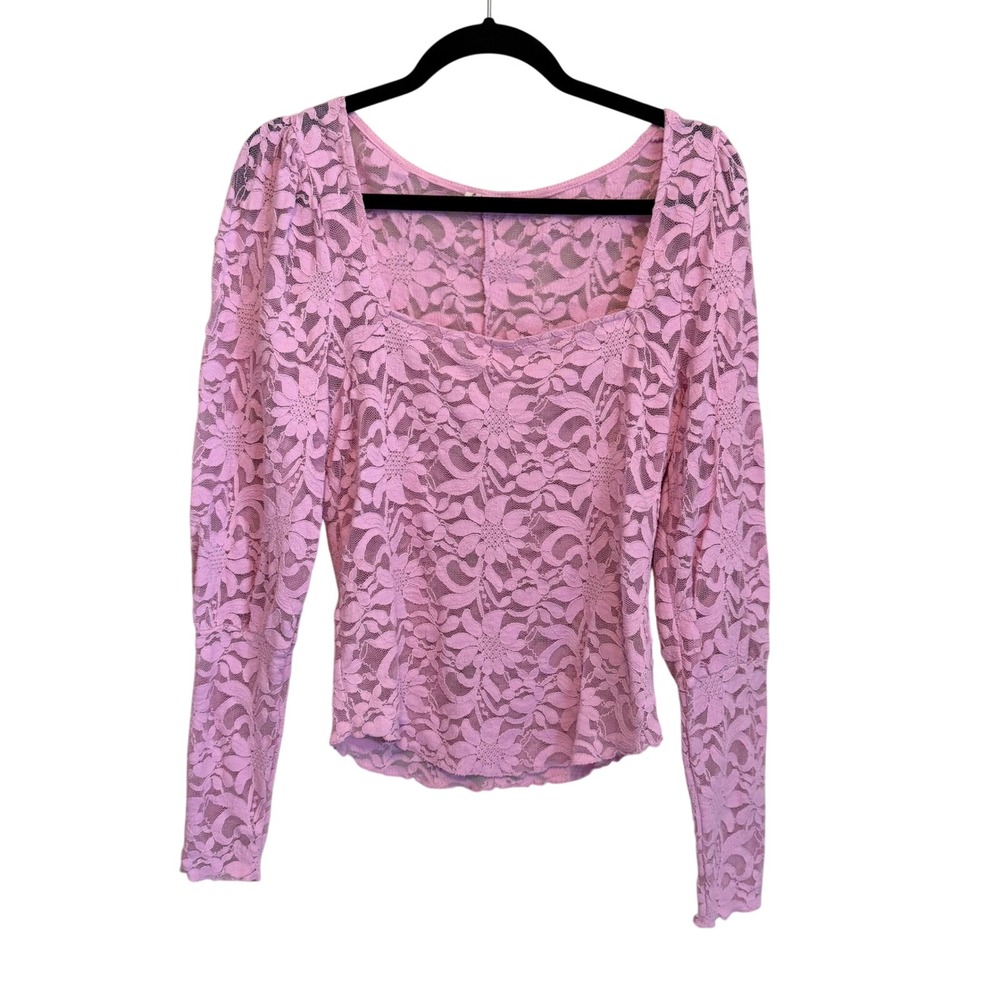 Intimately Free People Pink Floral Lace Square Neck Puff Sleeve Top Medium